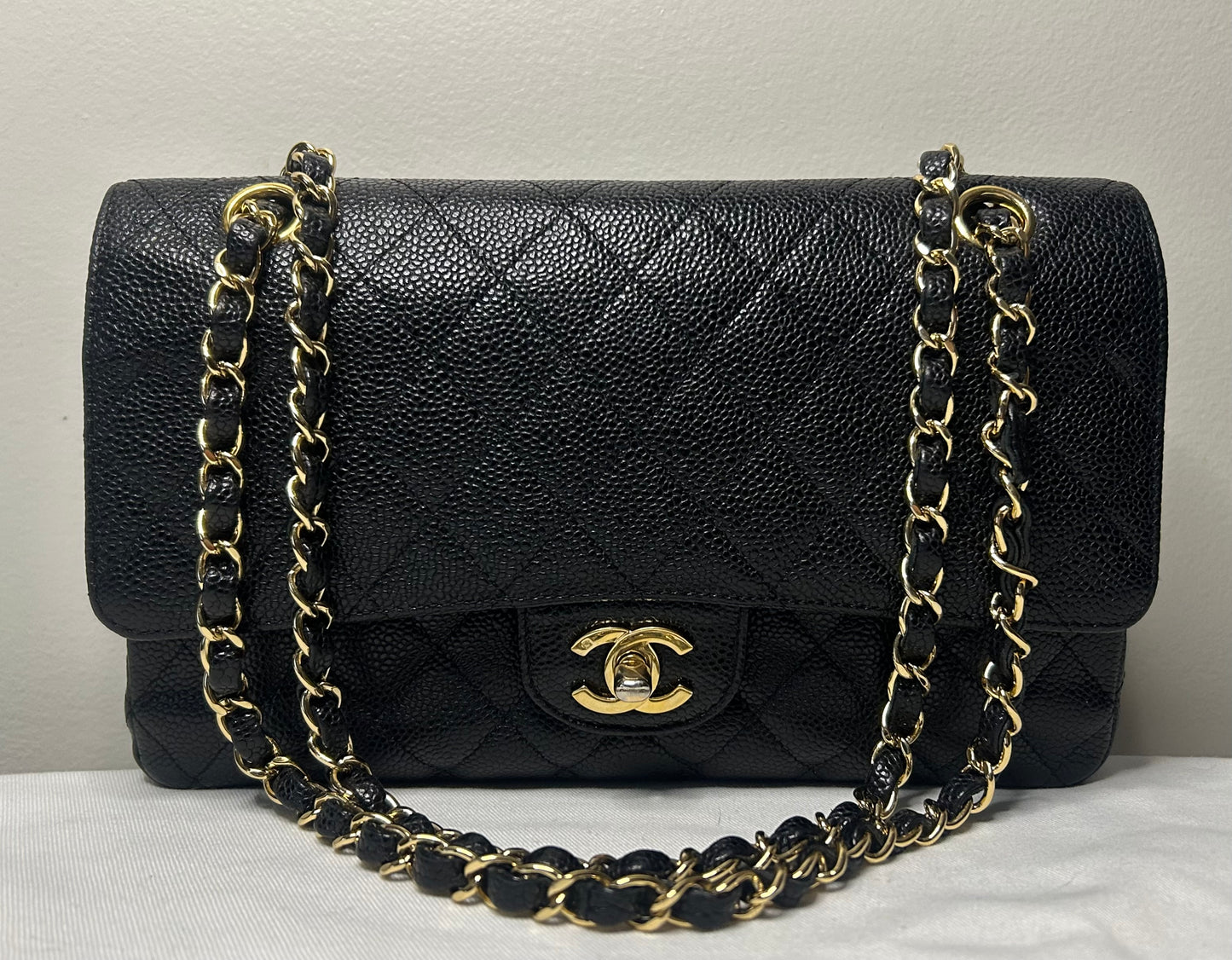 CHANEL Medium Classic Double Flap Caviar Quilted Handbag Black / 24K Gold