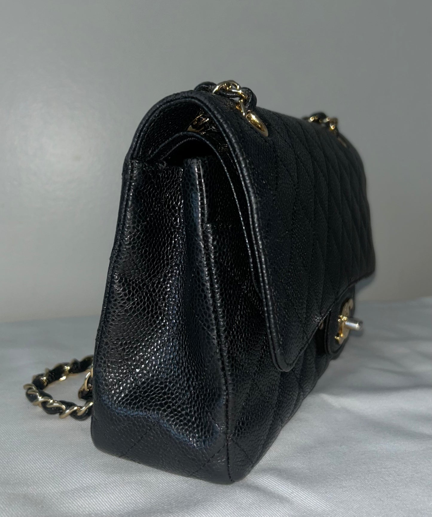 CHANEL Medium Classic Double Flap Caviar Quilted Handbag Black / 24K Gold