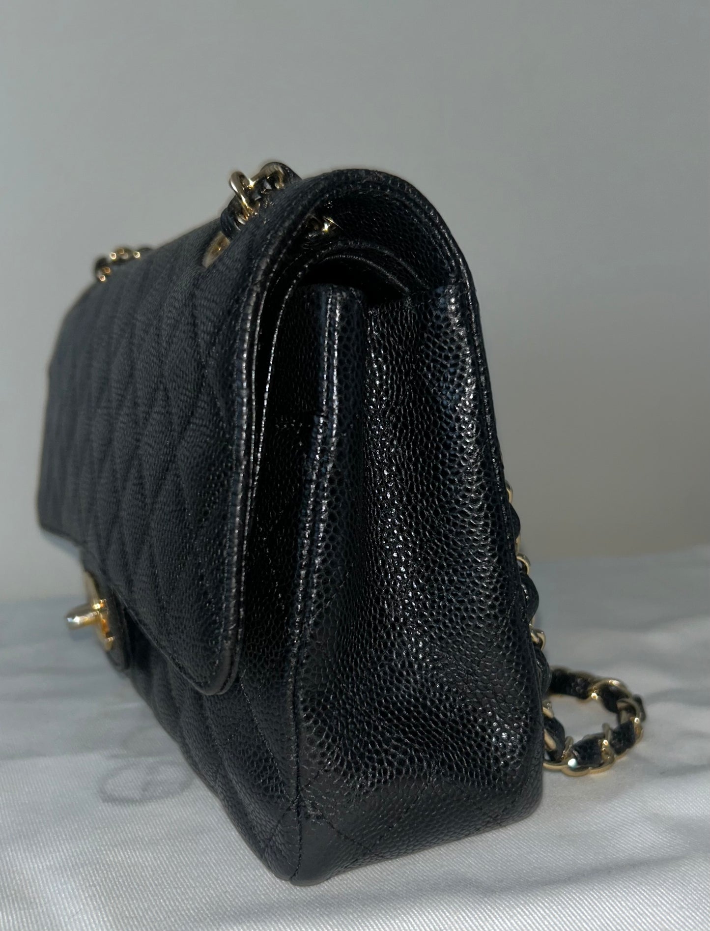 CHANEL Medium Classic Double Flap Caviar Quilted Handbag Black / 24K Gold