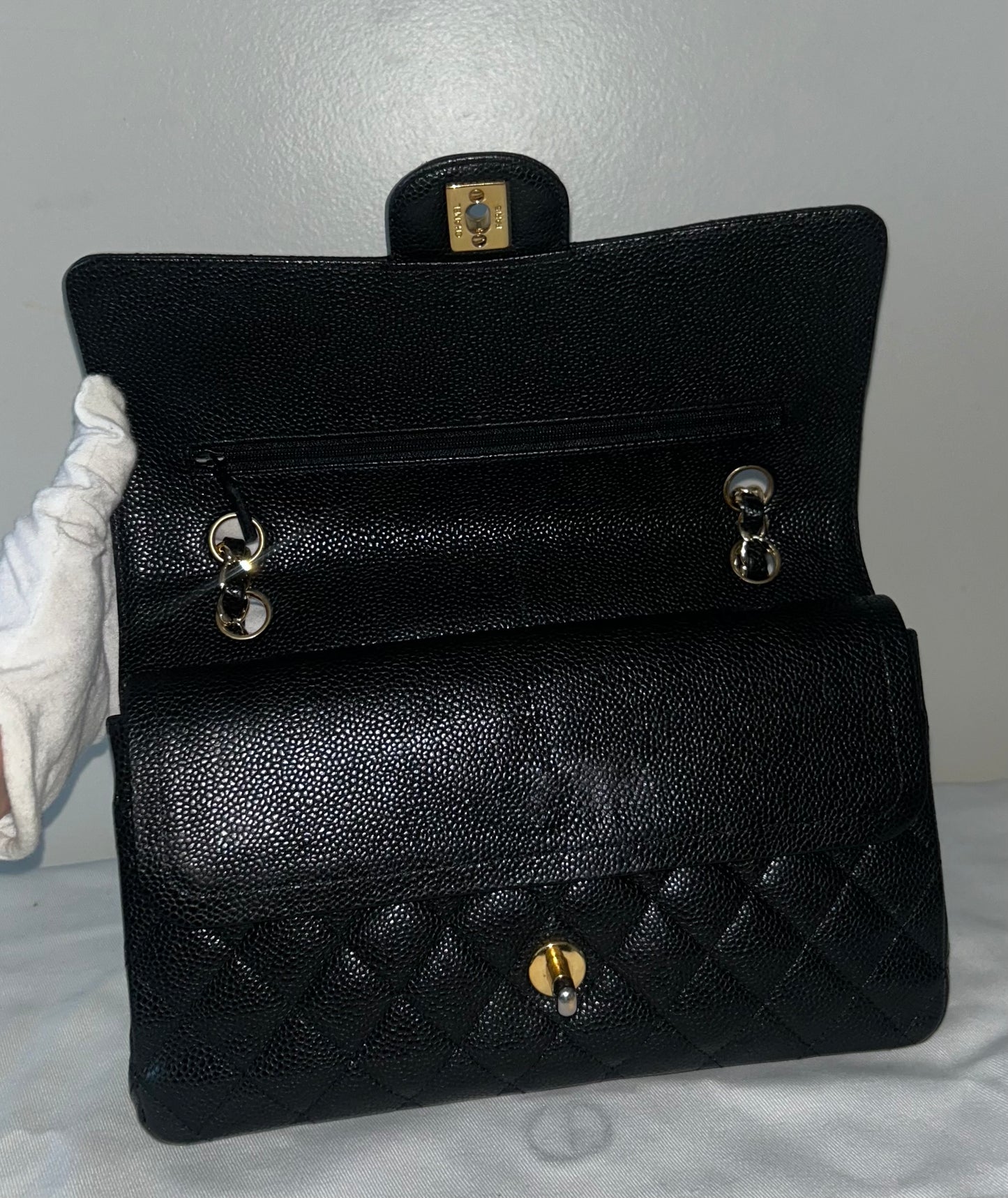 CHANEL Medium Classic Double Flap Caviar Quilted Handbag Black / 24K Gold