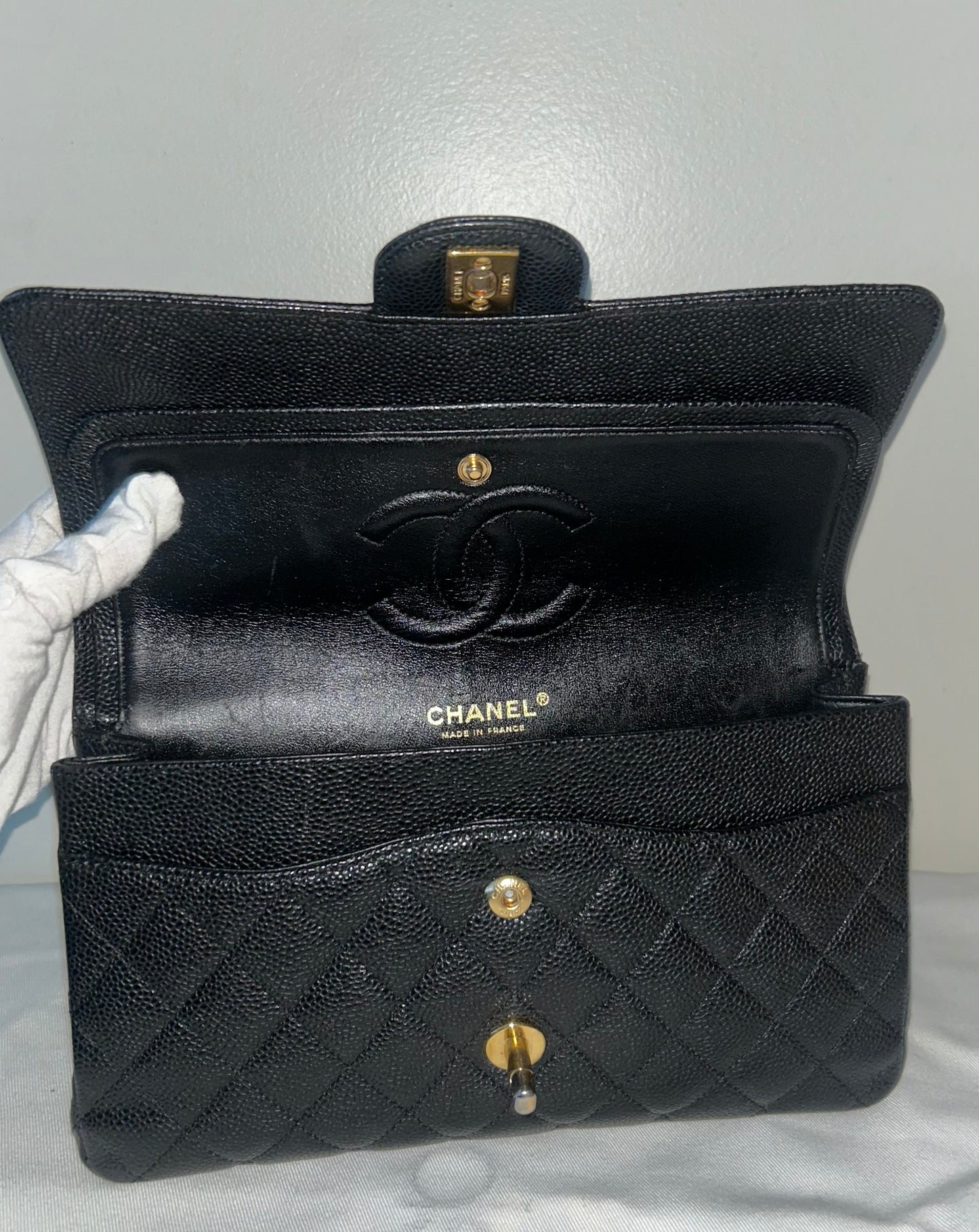 CHANEL Medium Classic Double Flap Caviar Quilted Handbag Black / 24K Gold