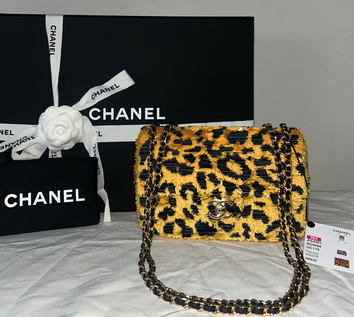 CHANEL 26A Small Mini Leopard Print Flap Bag Sequins Orange/Black