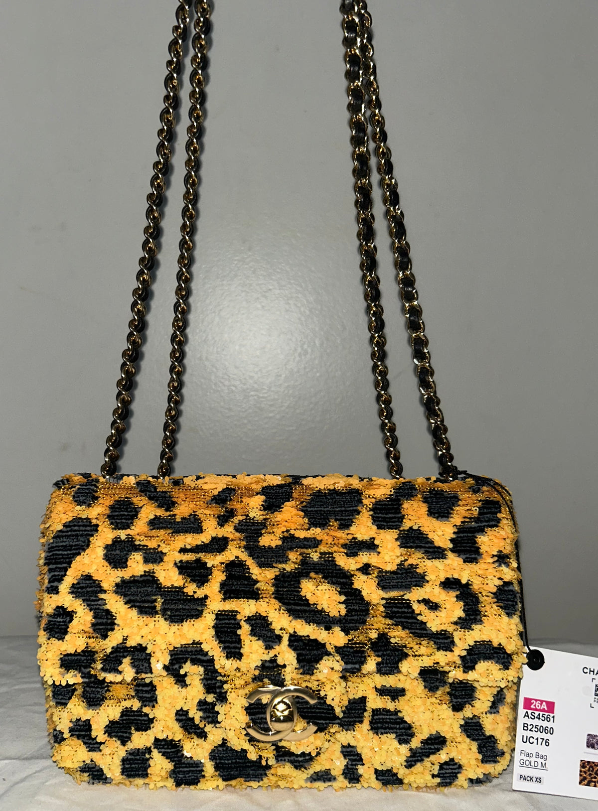 CHANEL 26A Small Mini Leopard Print Flap Bag Sequins Orange/Black