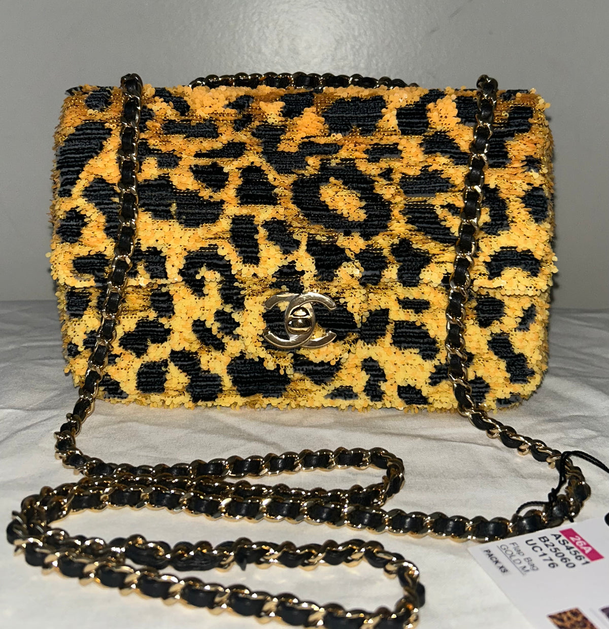 CHANEL 26A Small Mini Leopard Print Flap Bag Sequins Orange/Black