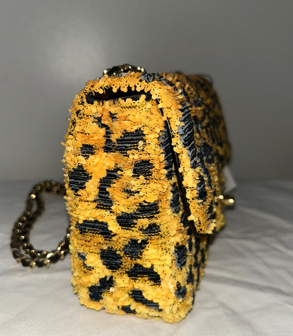 CHANEL 26A Small Mini Leopard Print Flap Bag Sequins Orange/Black