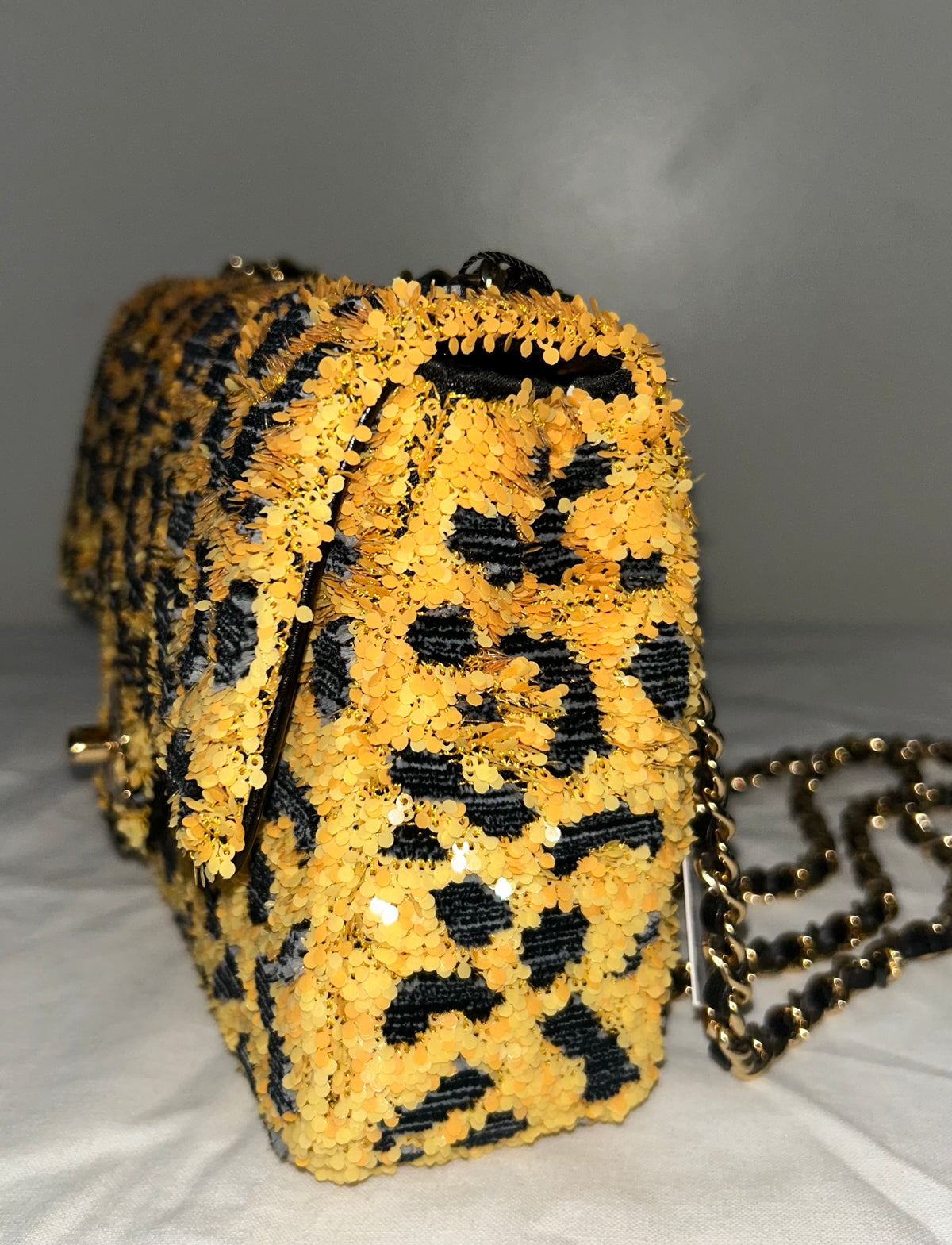 CHANEL 26A Small Mini Leopard Print Flap Bag Sequins Orange/Black
