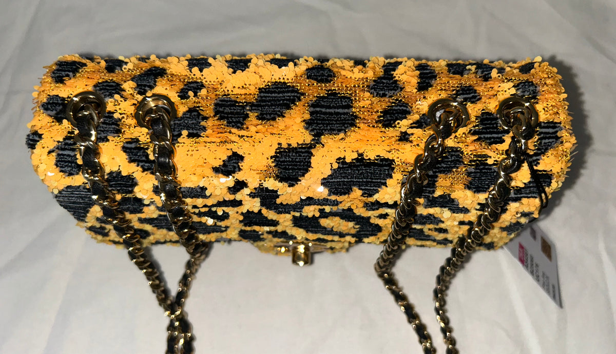 CHANEL 26A Small Mini Leopard Print Flap Bag Sequins Orange/Black