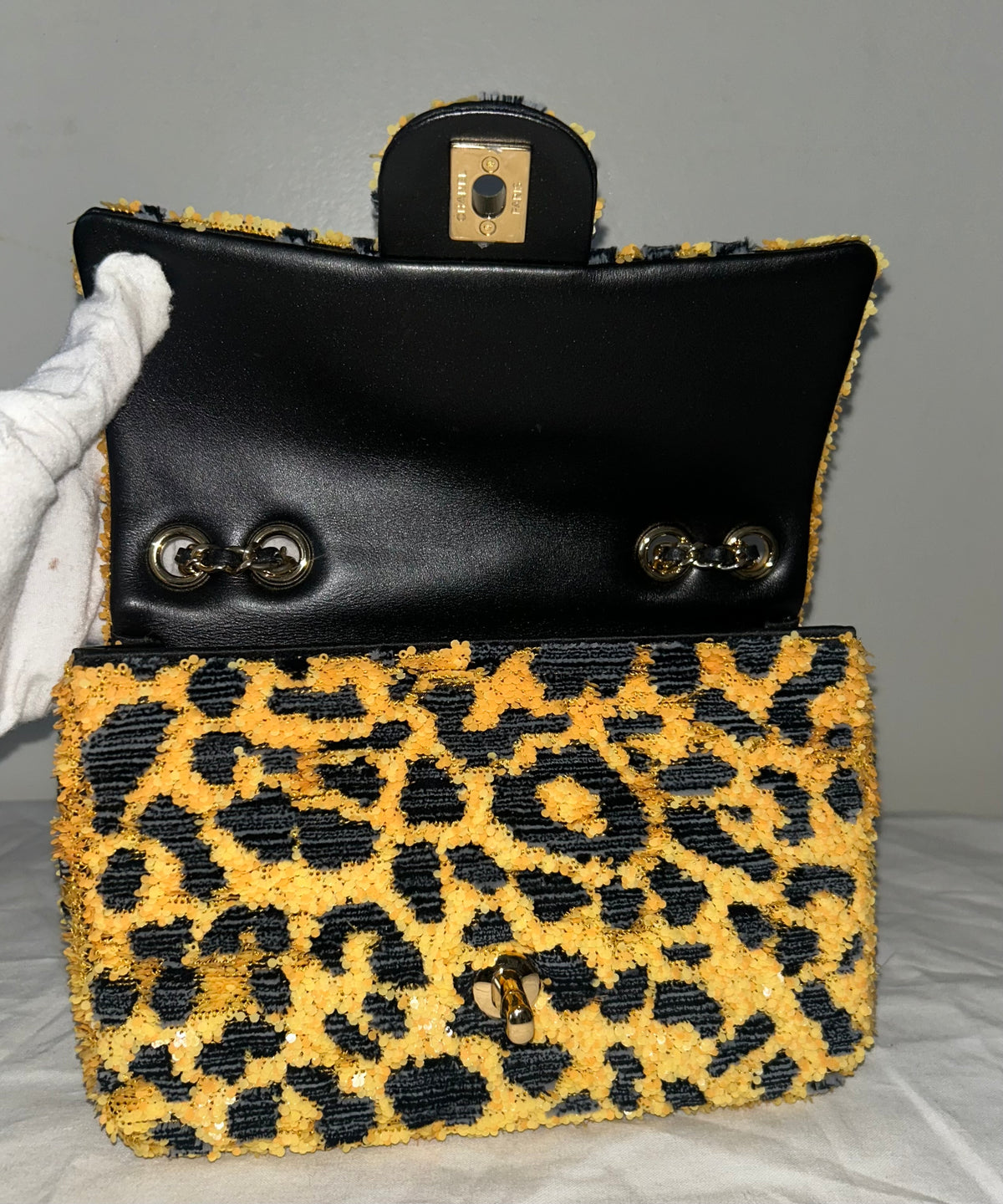 CHANEL 26A Small Mini Leopard Print Flap Bag Sequins Orange/Black
