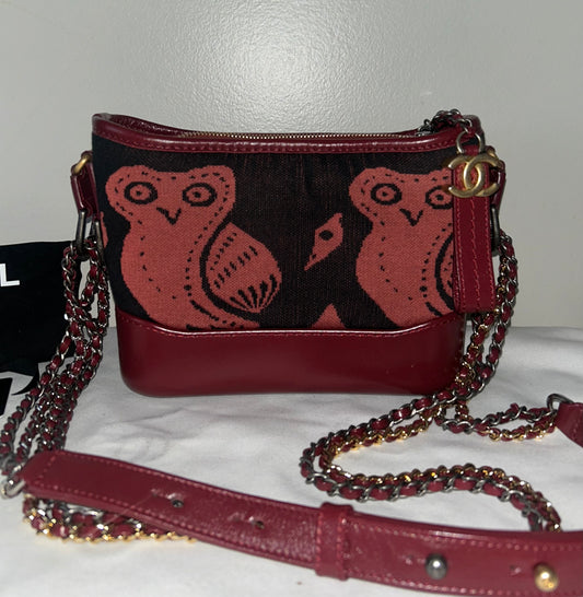 CHANEL Small Gabrielle Knit Owl Hobo Leather Crossbody Bag Burgundy/Black