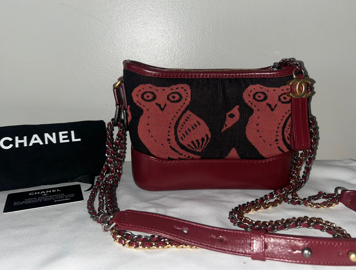 CHANEL Small Gabrielle Knit Owl Hobo Leather Crossbody Bag Burgundy/Black