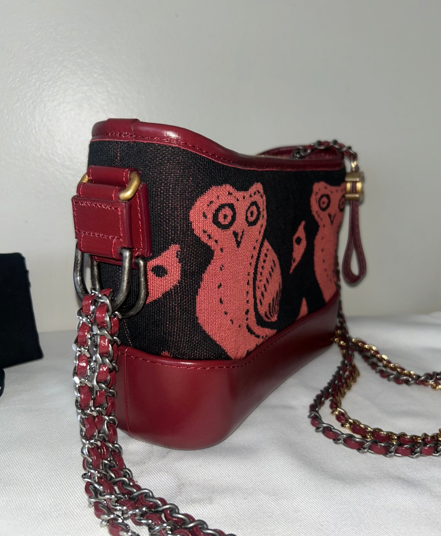 CHANEL Small Gabrielle Knit Owl Hobo Leather Crossbody Bag Burgundy/Black