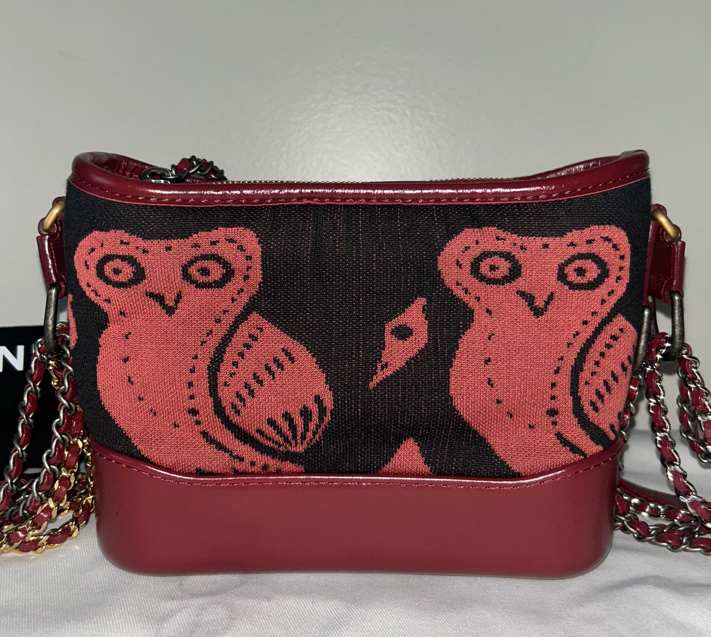 CHANEL Small Gabrielle Knit Owl Hobo Leather Crossbody Bag Burgundy/Black