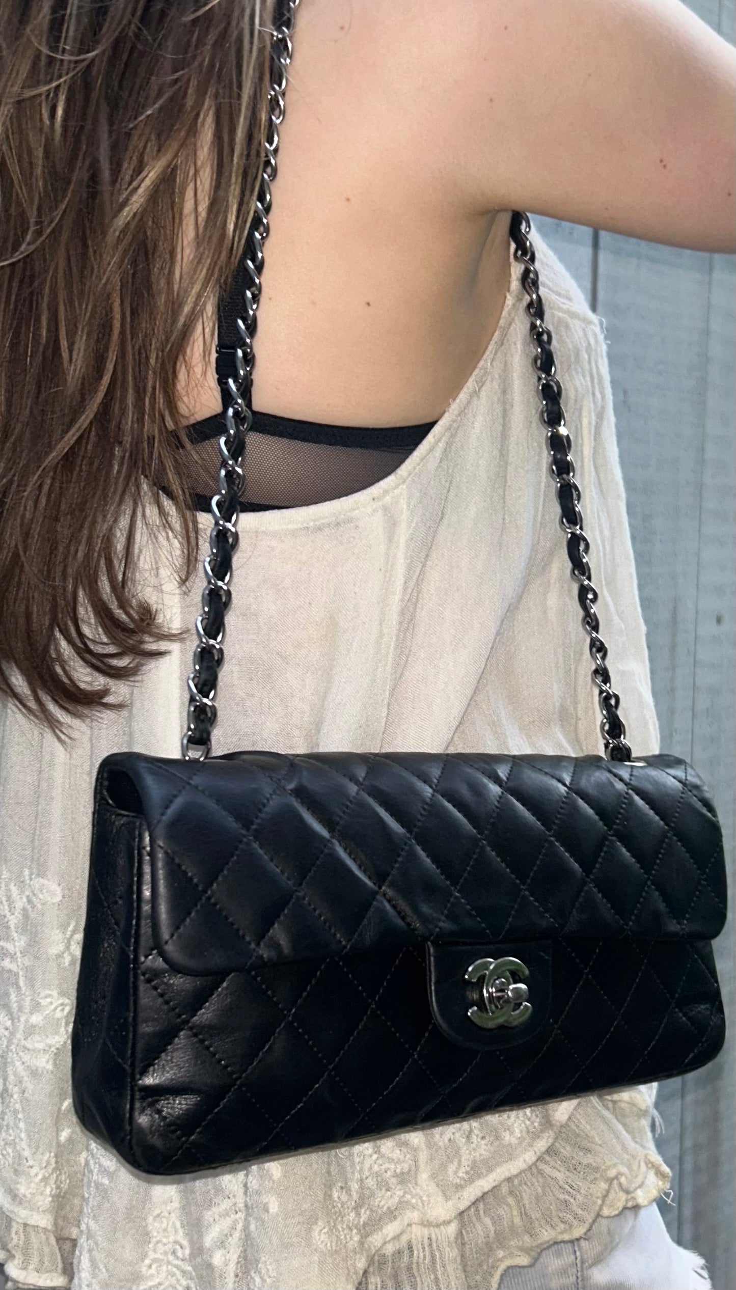 CHANEL Classic CC East West Quilted Lambskin Shoulder Bag Black