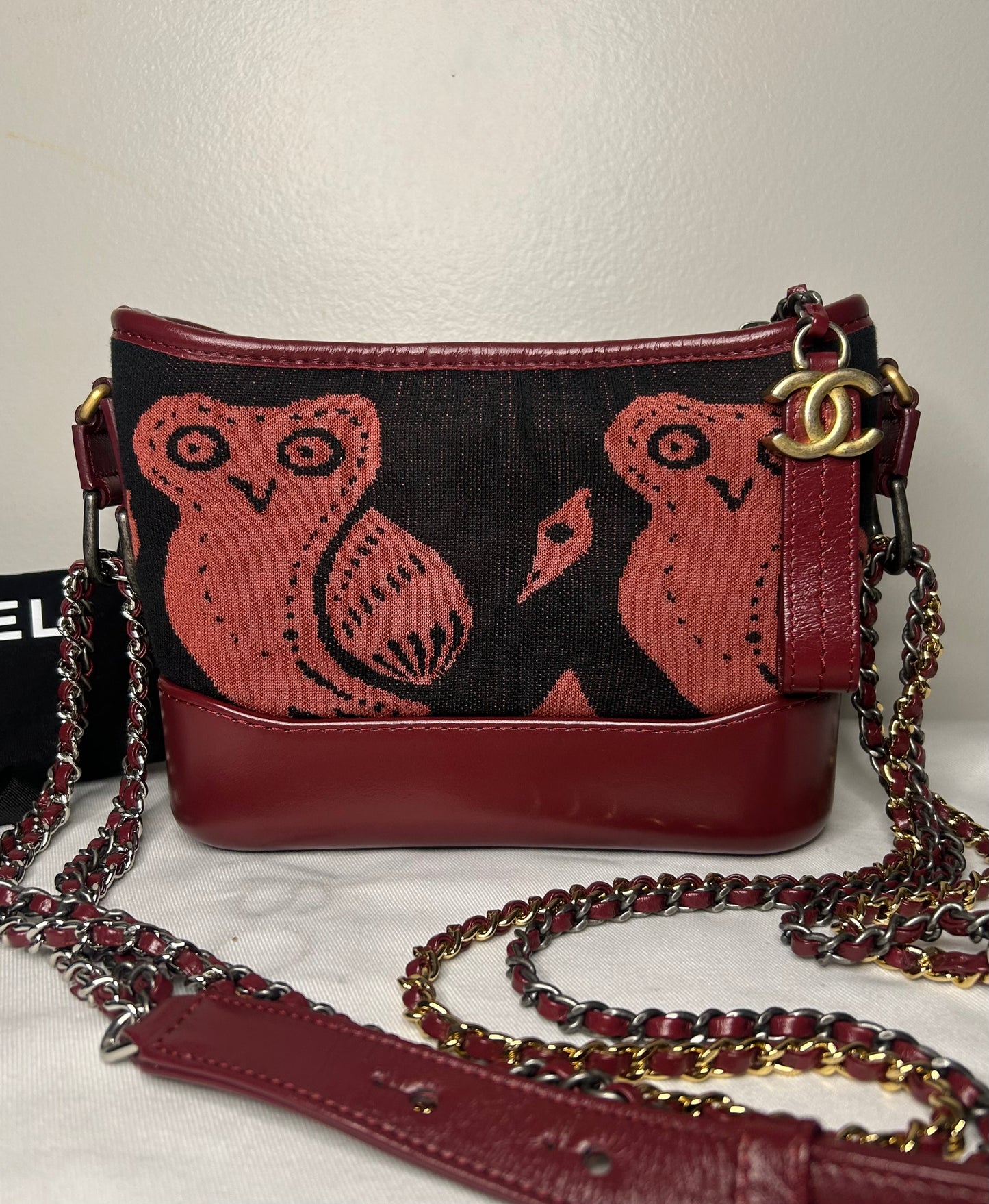 CHANEL Small Gabrielle Knit Owl Hobo Leather Crossbody Bag Burgundy/Black