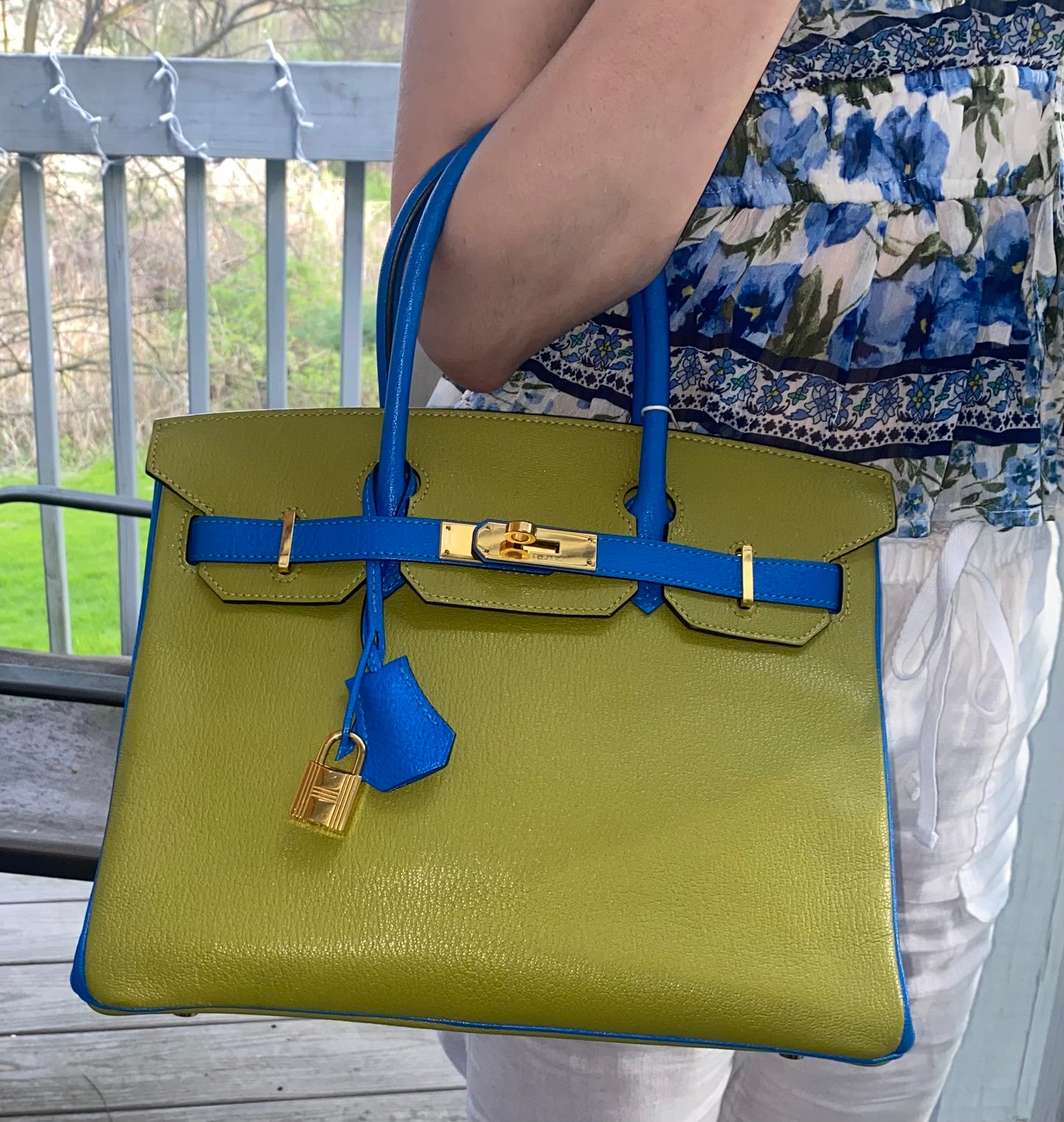 HERMÈS Birkin 30 Vert Anis/Blue Hydra Chevre Leather Gold Hardware