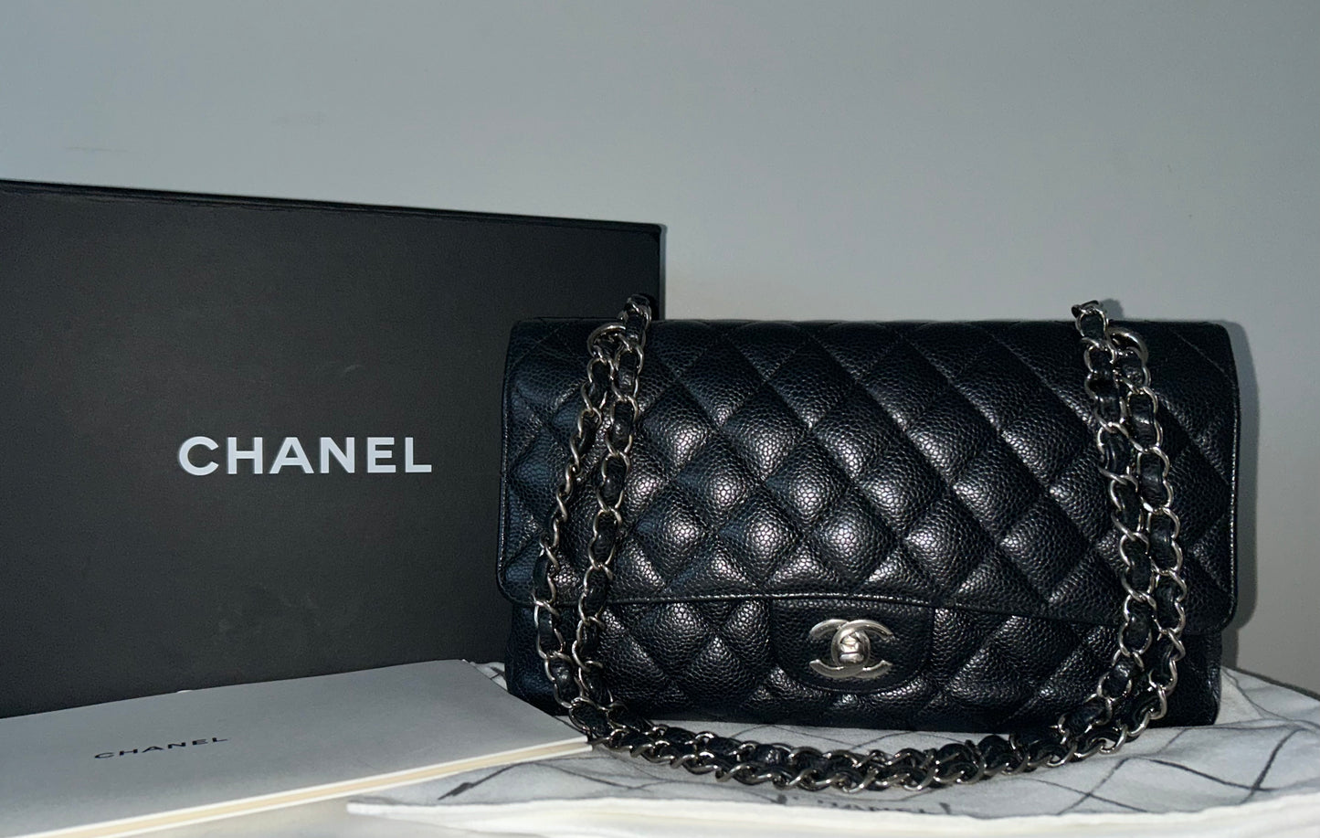 CHANEL Medium Classic Double Flap Caviar Quilted Handbag Black