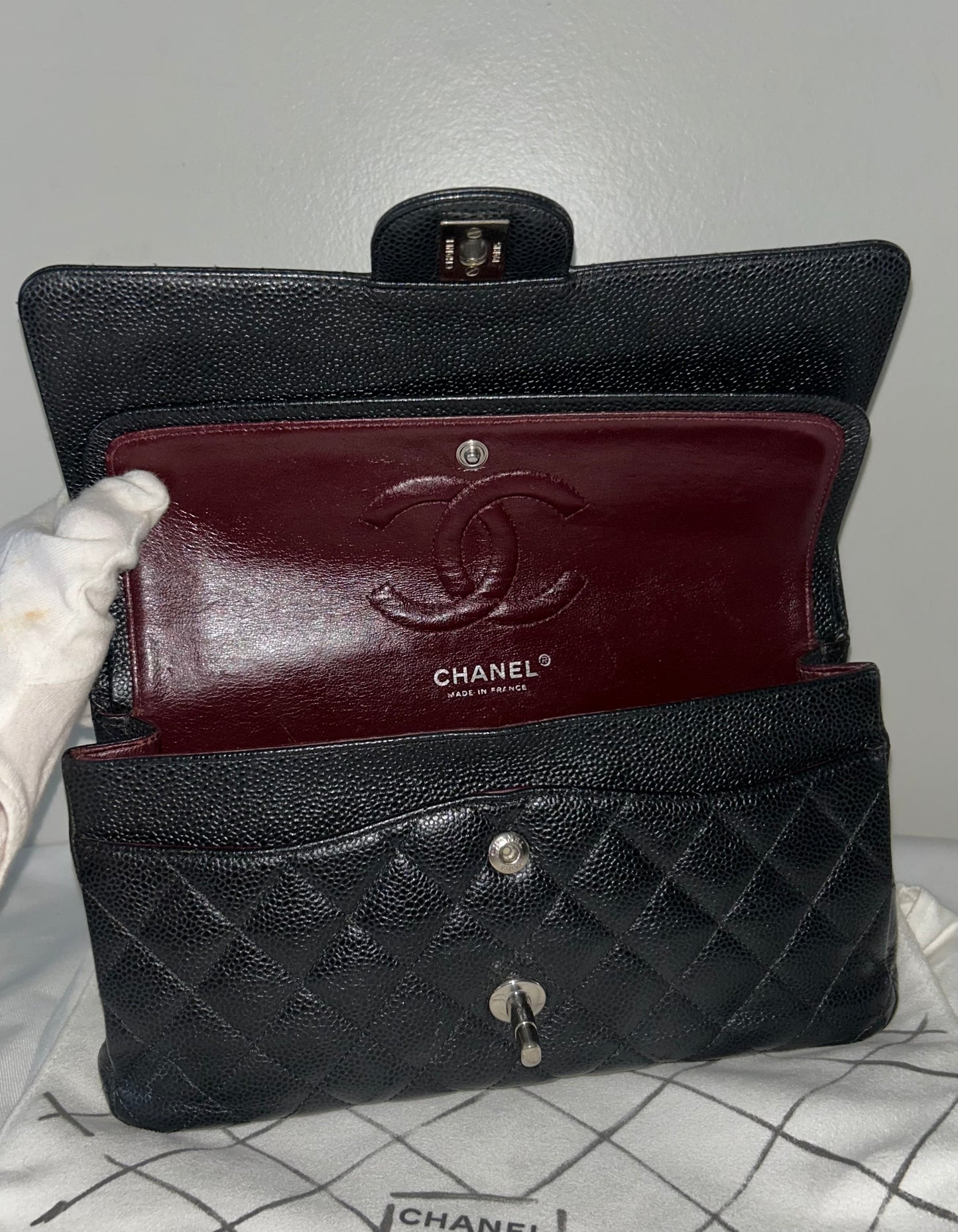 CHANEL Medium Classic Double Flap Caviar Quilted Handbag Black