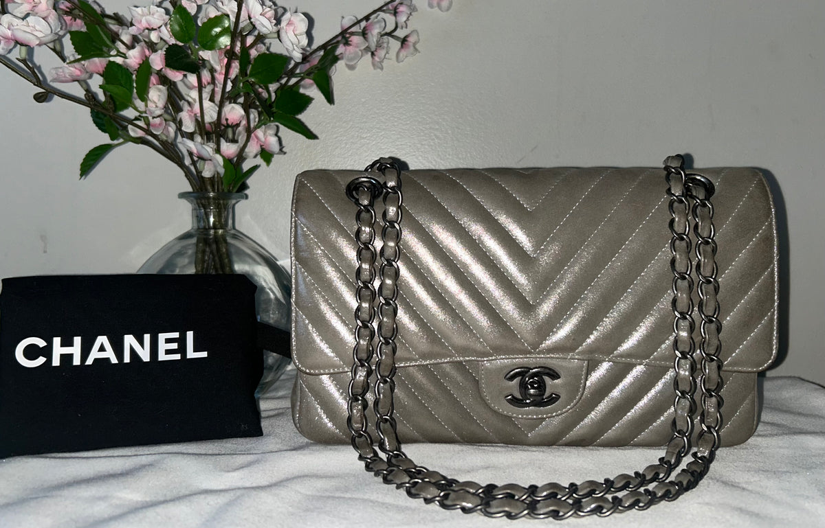 CHANEL Medium Double Flap Iridescent Calfskin Chevron Quilted Handbag Silver