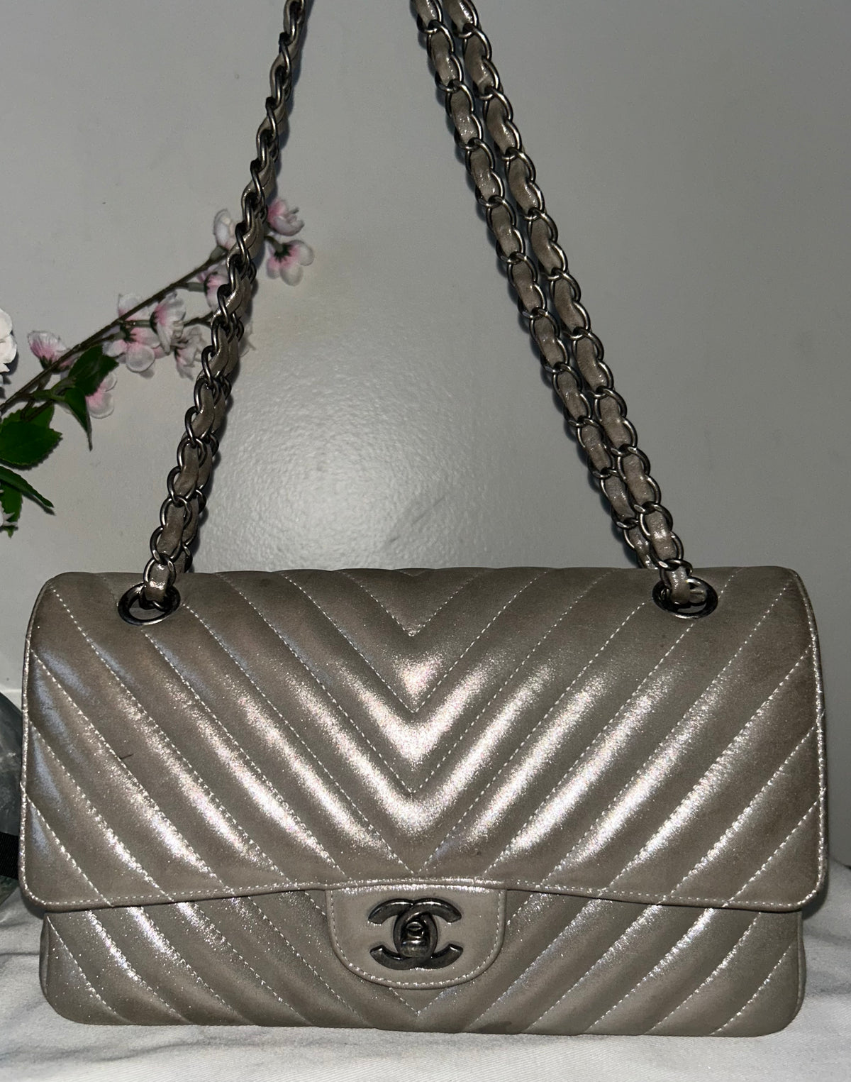 CHANEL Medium Double Flap Iridescent Calfskin Chevron Quilted Handbag Silver