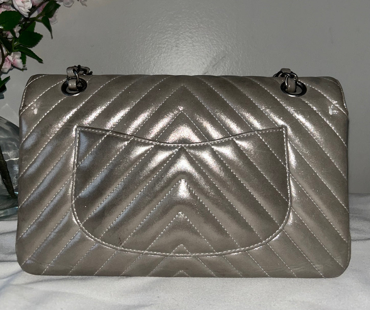 CHANEL Medium Double Flap Iridescent Calfskin Chevron Quilted Handbag Silver