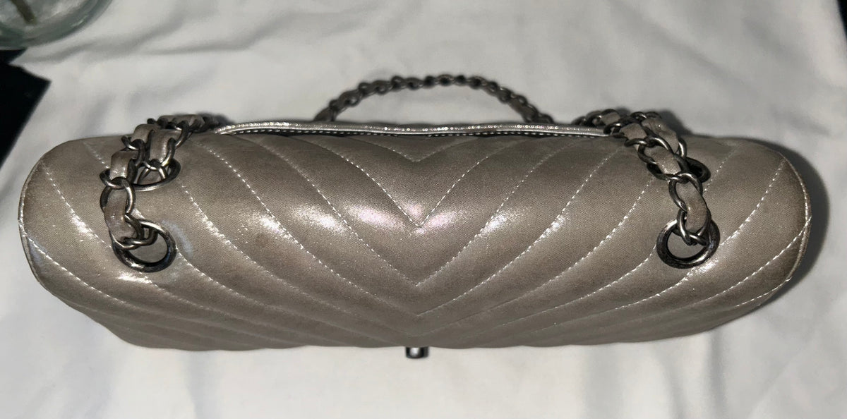 CHANEL Medium Double Flap Iridescent Calfskin Chevron Quilted Handbag Silver