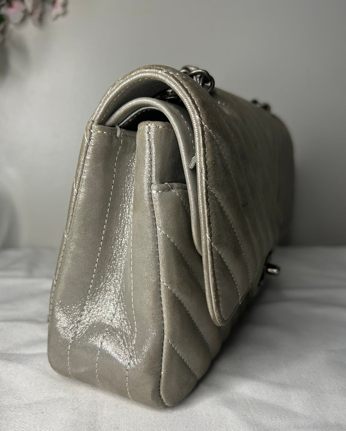 CHANEL Medium Double Flap Iridescent Calfskin Chevron Quilted Handbag Silver