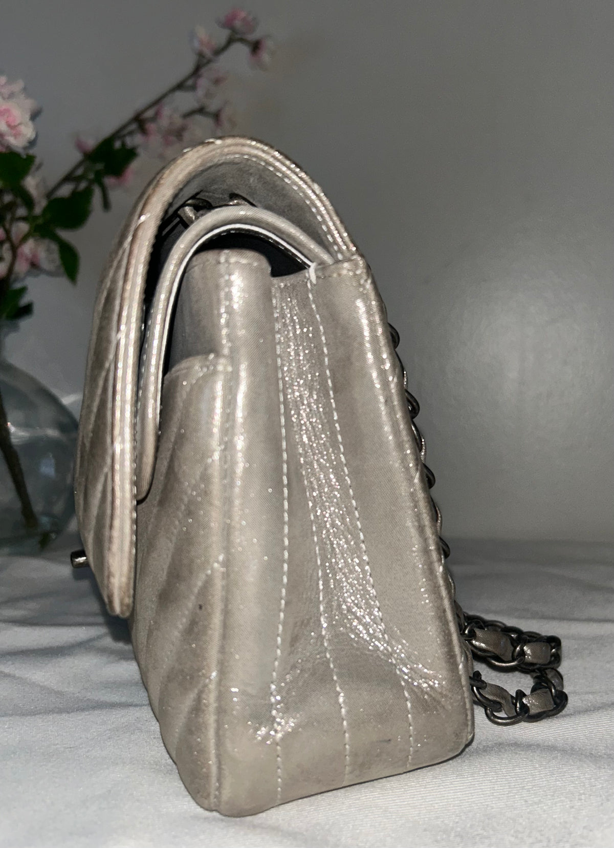 CHANEL Medium Double Flap Iridescent Calfskin Chevron Quilted Handbag Silver