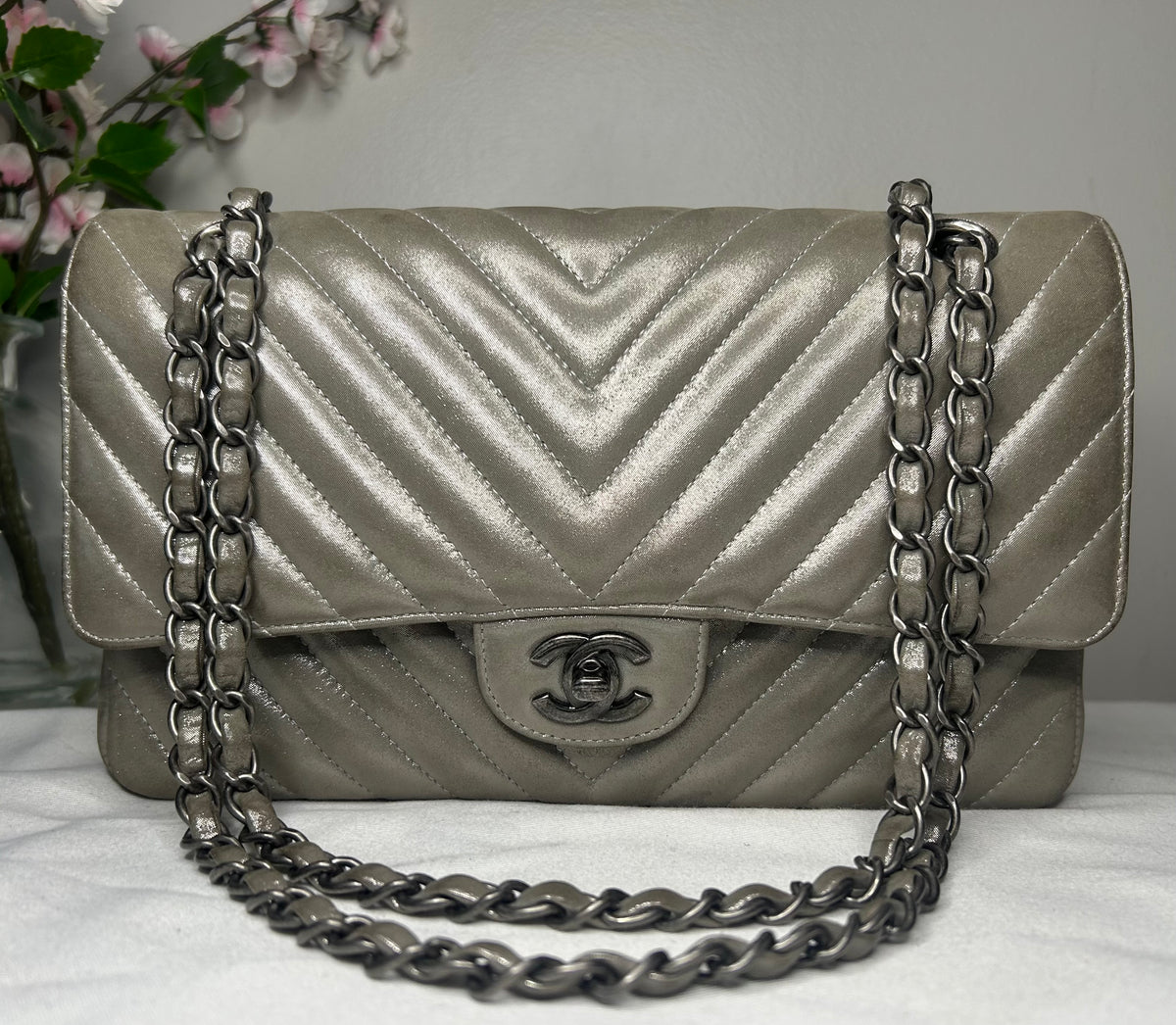 CHANEL Medium Double Flap Iridescent Calfskin Chevron Quilted Handbag Silver