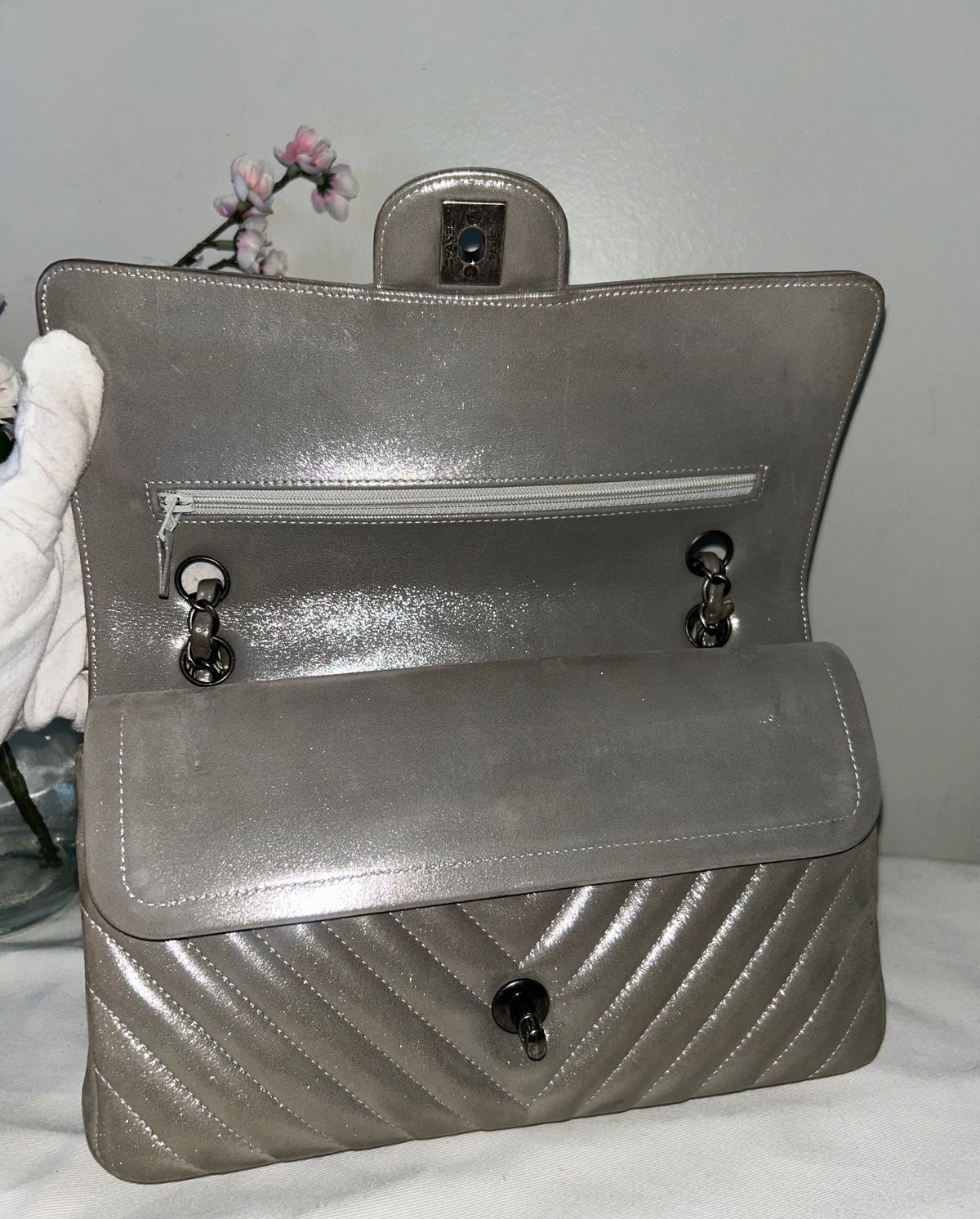 CHANEL Medium Double Flap Iridescent Calfskin Chevron Quilted Handbag Silver