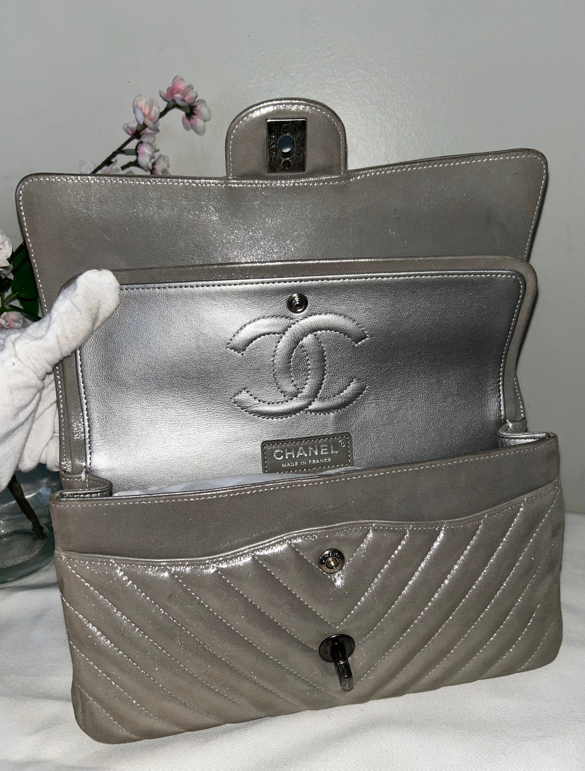 CHANEL Medium Double Flap Iridescent Calfskin Chevron Quilted Handbag Silver