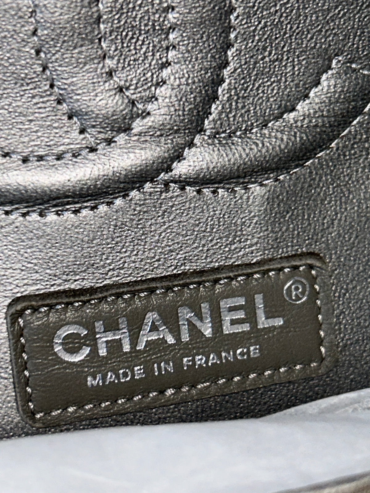 CHANEL Medium Double Flap Iridescent Calfskin Chevron Quilted Handbag Silver