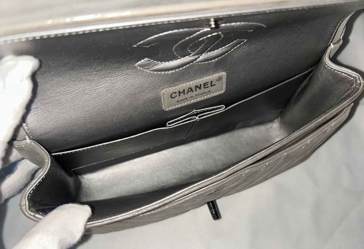 CHANEL Medium Double Flap Iridescent Calfskin Chevron Quilted Handbag Silver