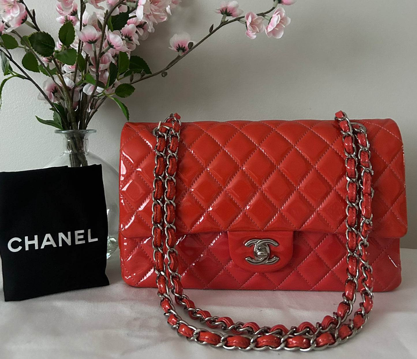 CHANEL Medium Classic Double Flap Patent Leather Quilted Handbag Coral Pink