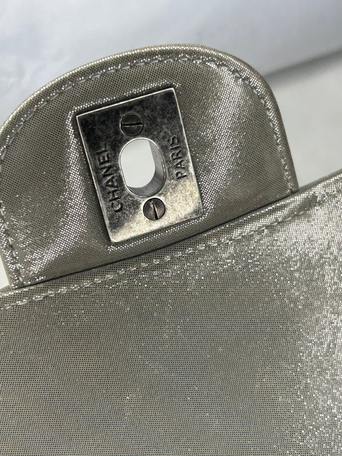 CHANEL Medium Double Flap Iridescent Calfskin Chevron Quilted Handbag Silver