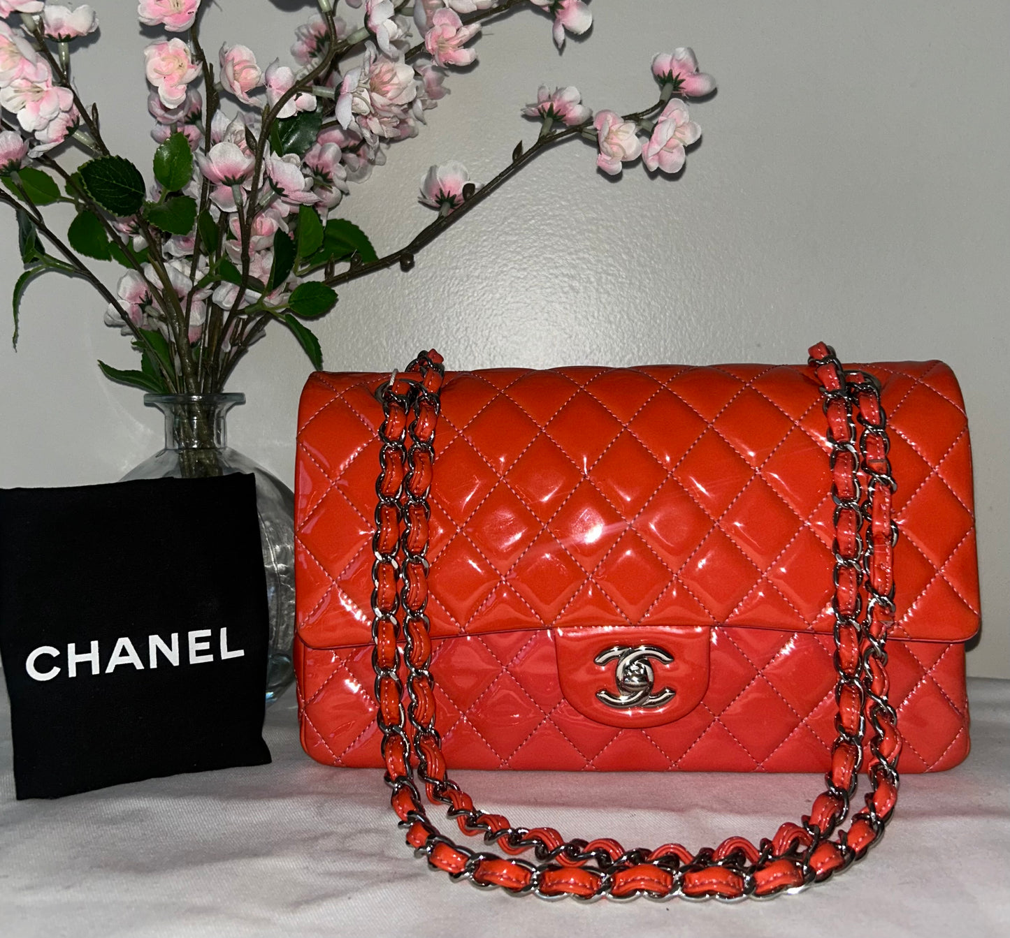 CHANEL Medium Classic Double Flap Patent Leather Quilted Handbag Coral Pink