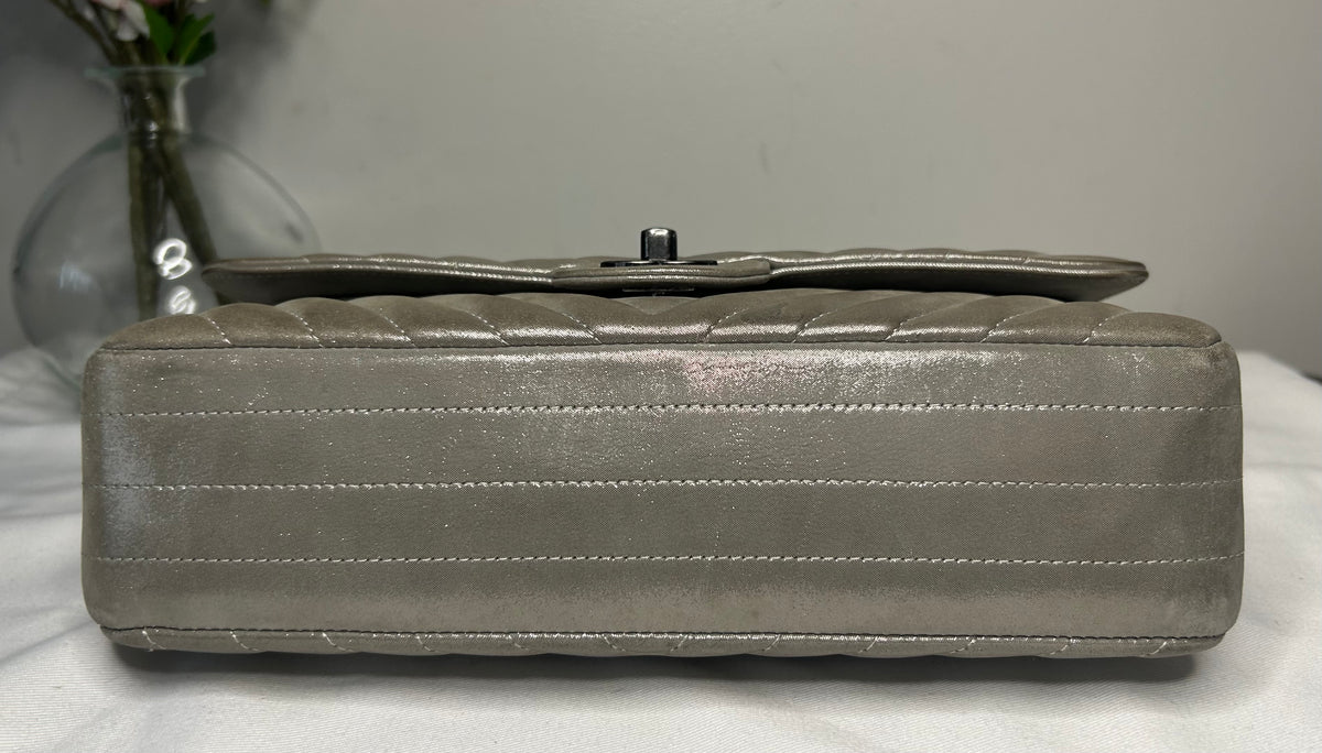 CHANEL Medium Double Flap Iridescent Calfskin Chevron Quilted Handbag Silver