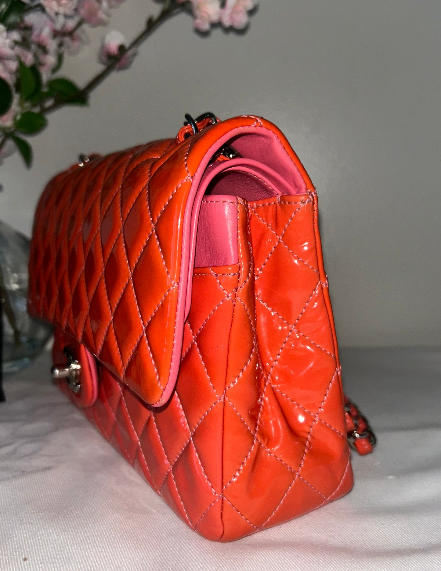 CHANEL Medium Classic Double Flap Patent Leather Quilted Handbag Coral Pink