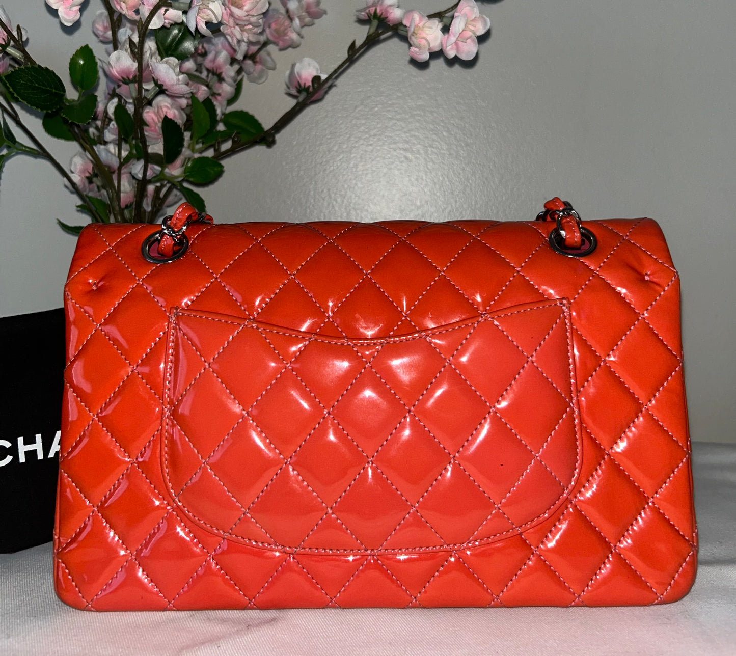 CHANEL Medium Classic Double Flap Patent Leather Quilted Handbag Coral Pink