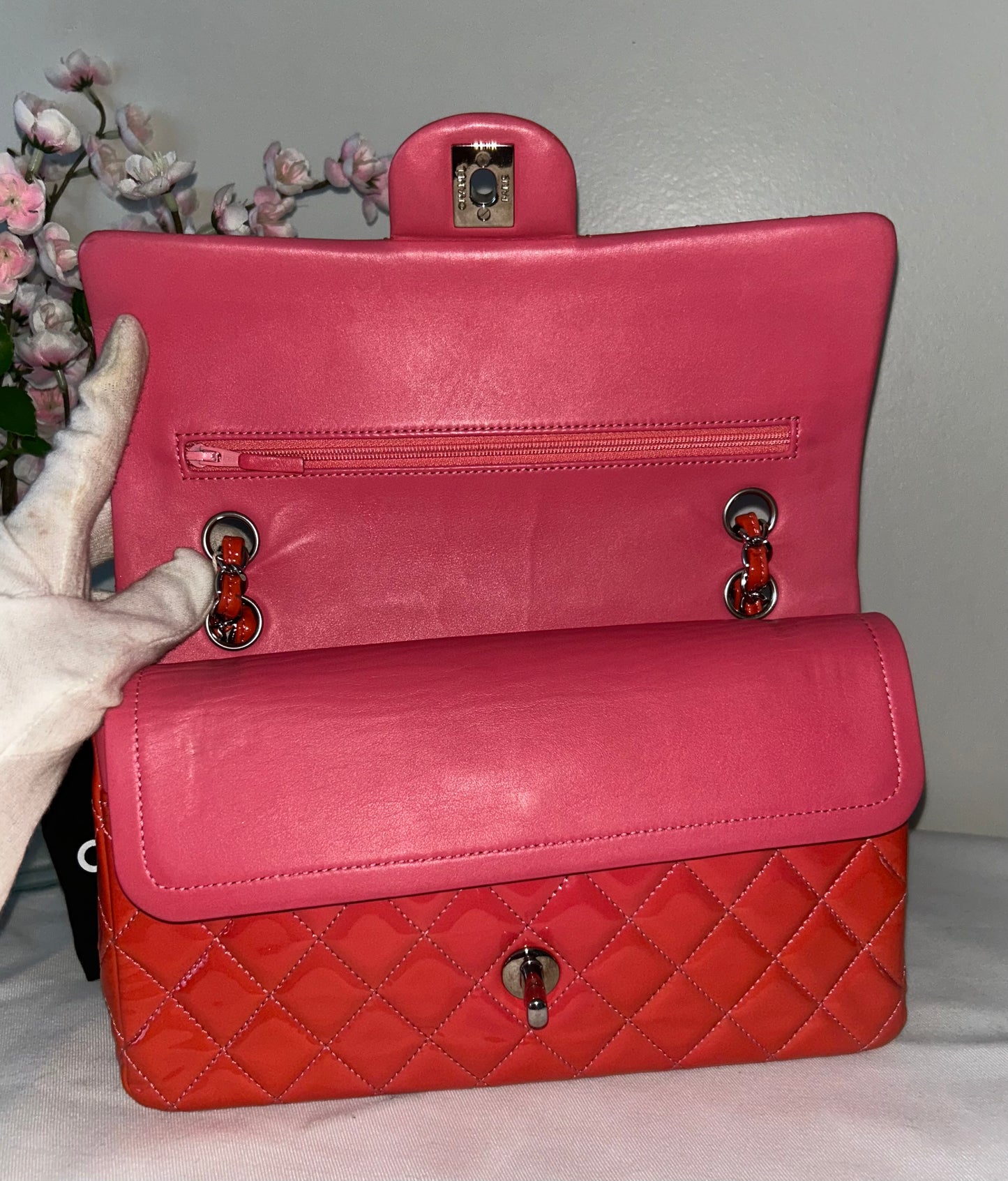 CHANEL Medium Classic Double Flap Patent Leather Quilted Handbag Coral Pink