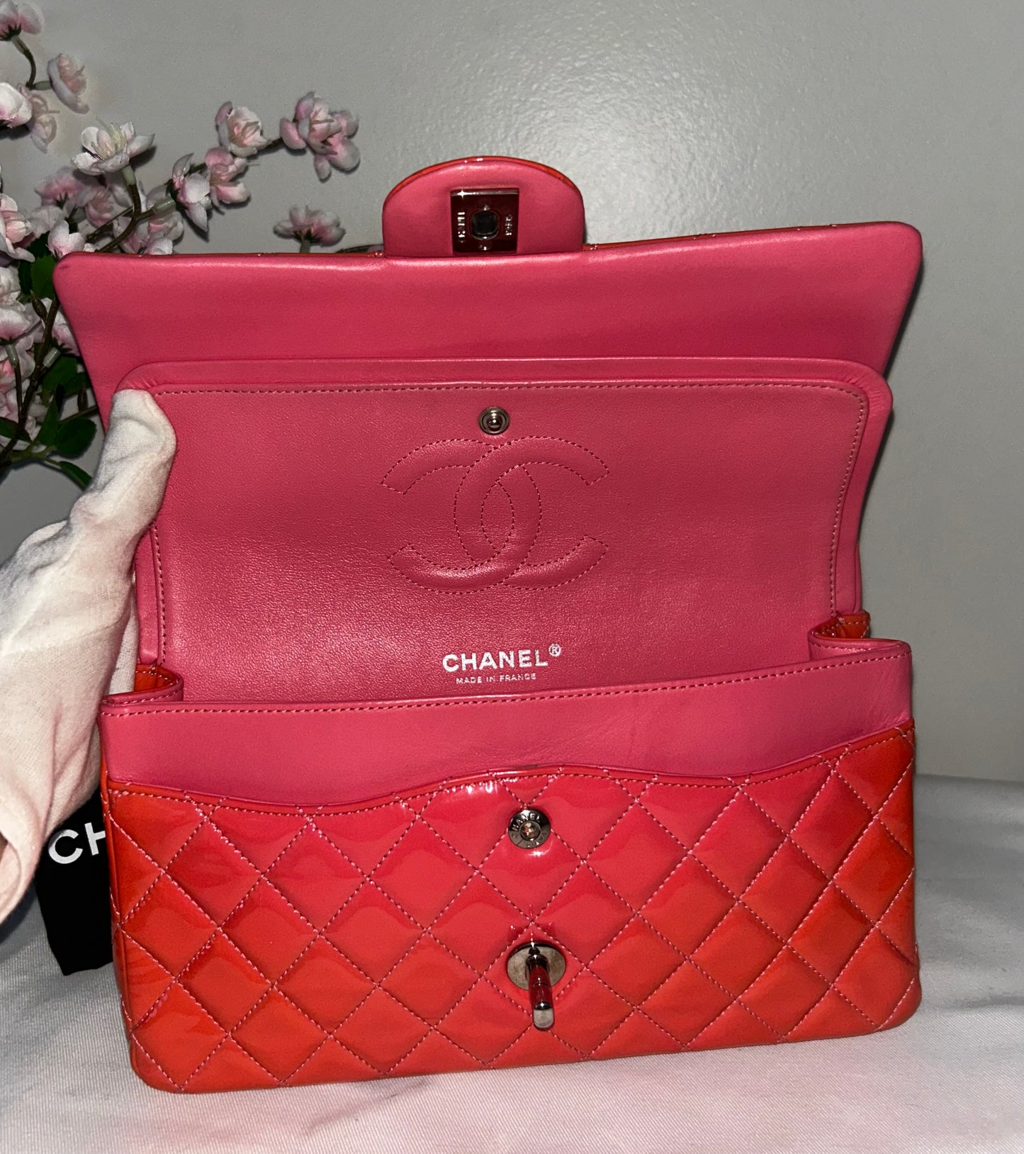 CHANEL Medium Classic Double Flap Patent Leather Quilted Handbag Coral Pink