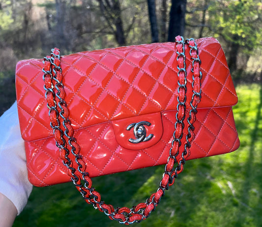 CHANEL Medium Classic Double Flap Patent Leather Quilted Handbag Coral Pink