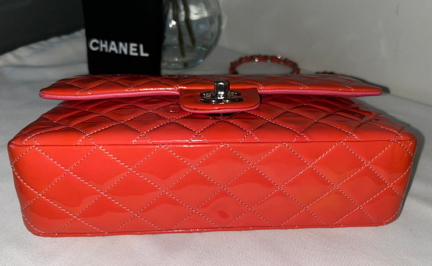 CHANEL Medium Classic Double Flap Patent Leather Quilted Handbag Coral Pink
