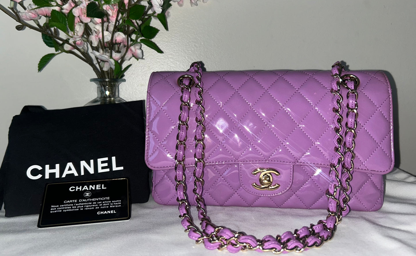 CHANEL Medium Classic Double Flap Quilted Patent Leather Handbag Lilac / Gold