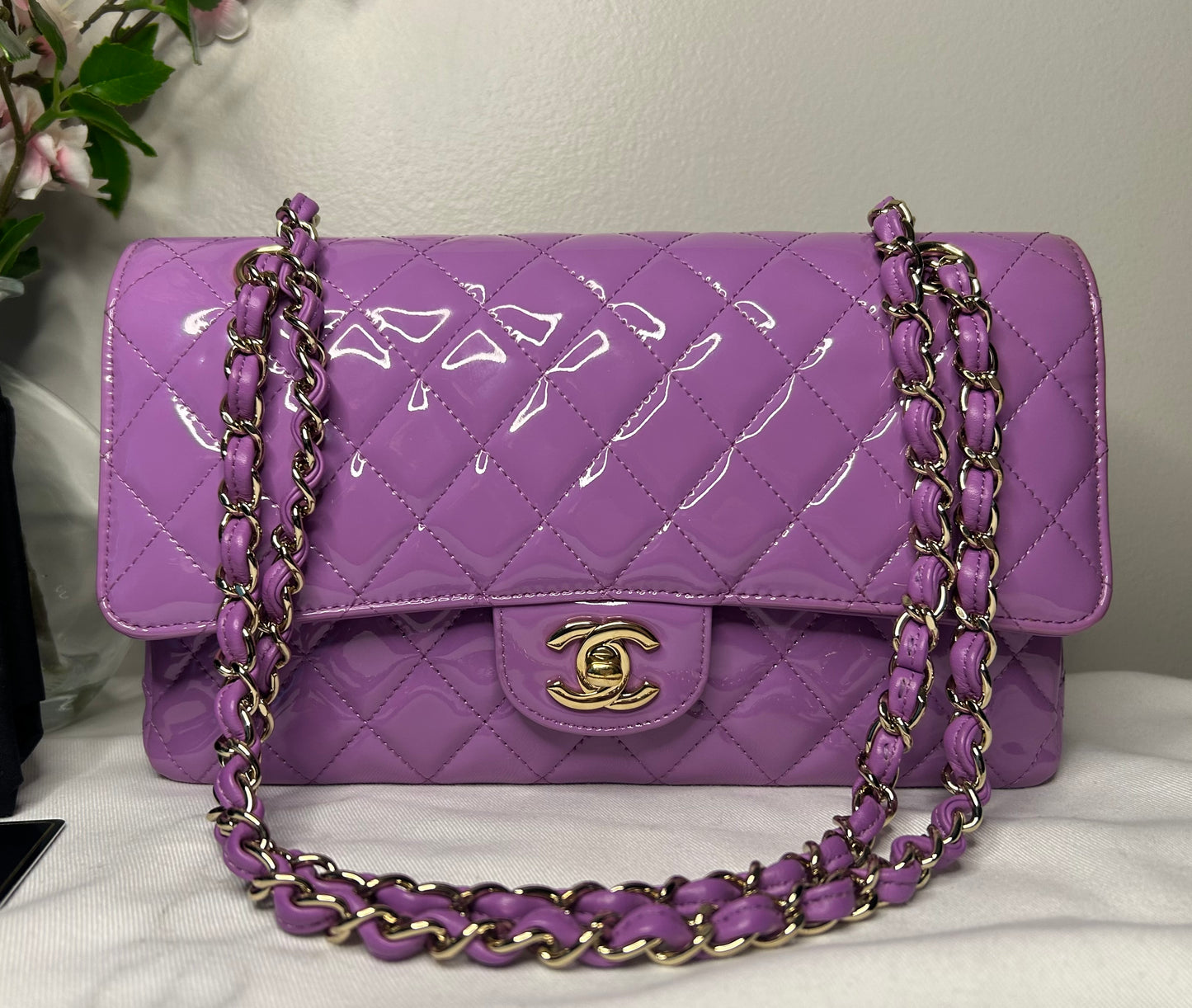 CHANEL Medium Classic Double Flap Quilted Patent Leather Handbag Lilac / Gold
