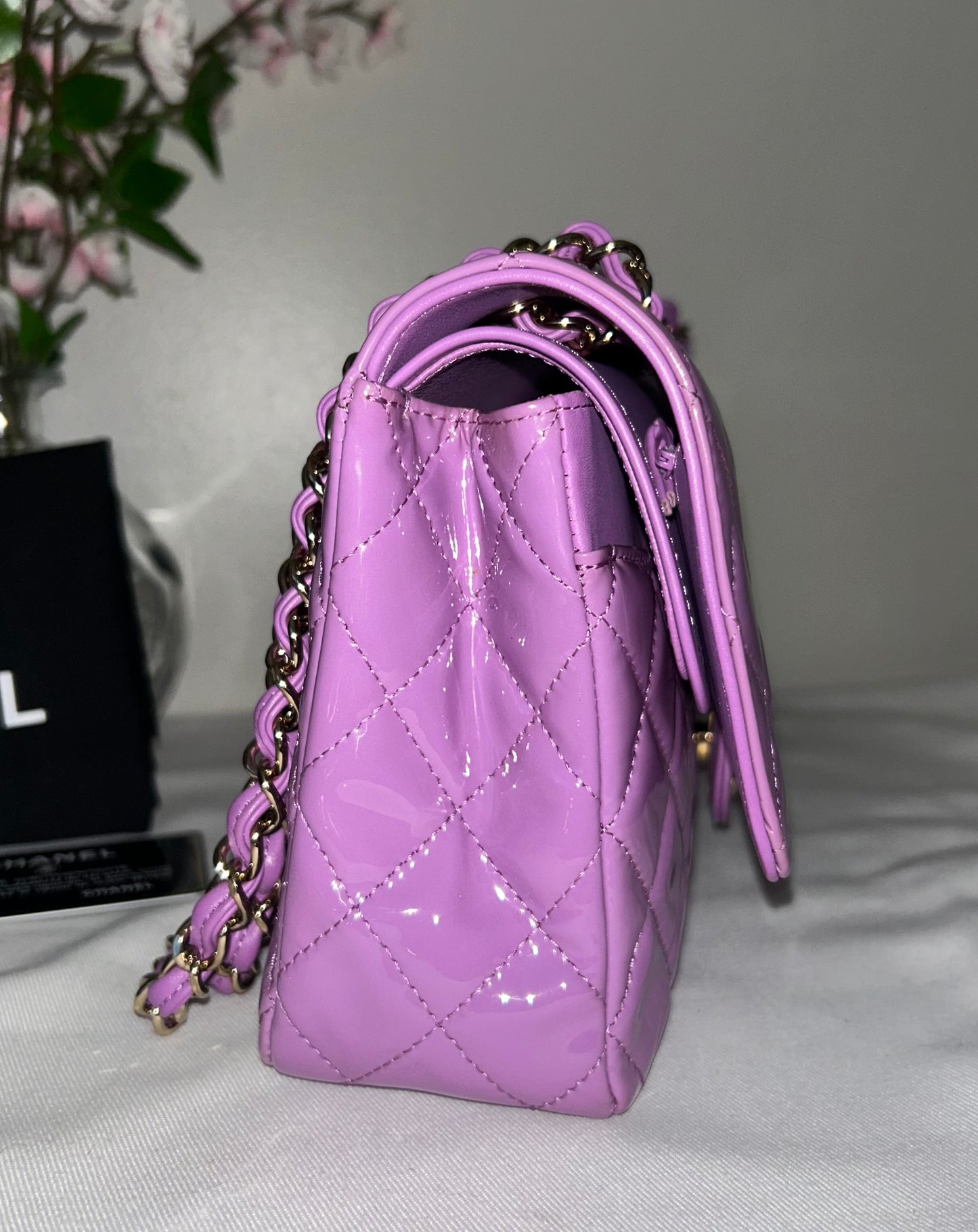 CHANEL Medium Classic Double Flap Quilted Patent Leather Handbag Lilac / Gold