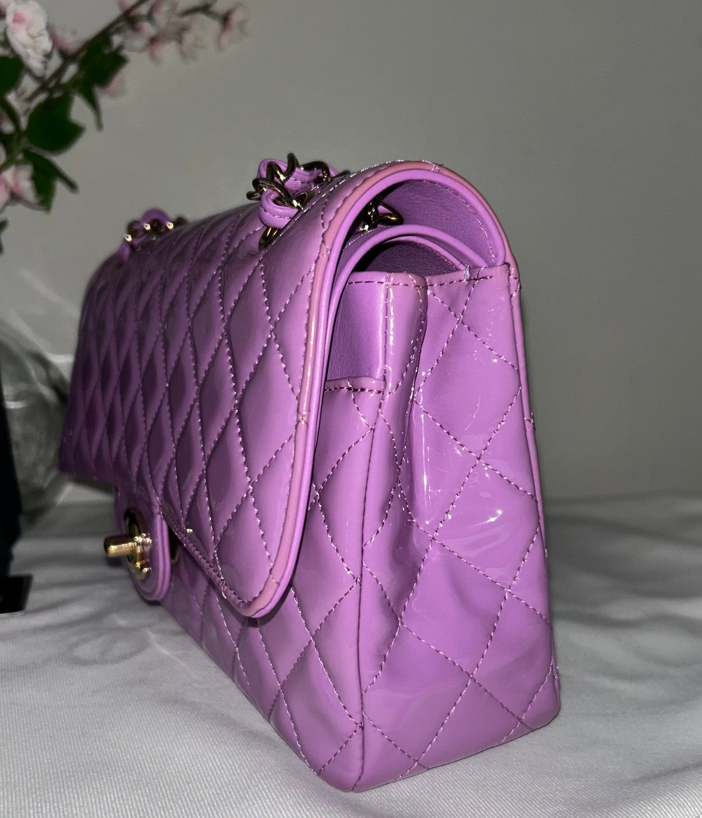 CHANEL Medium Classic Double Flap Quilted Patent Leather Handbag Lilac / Gold