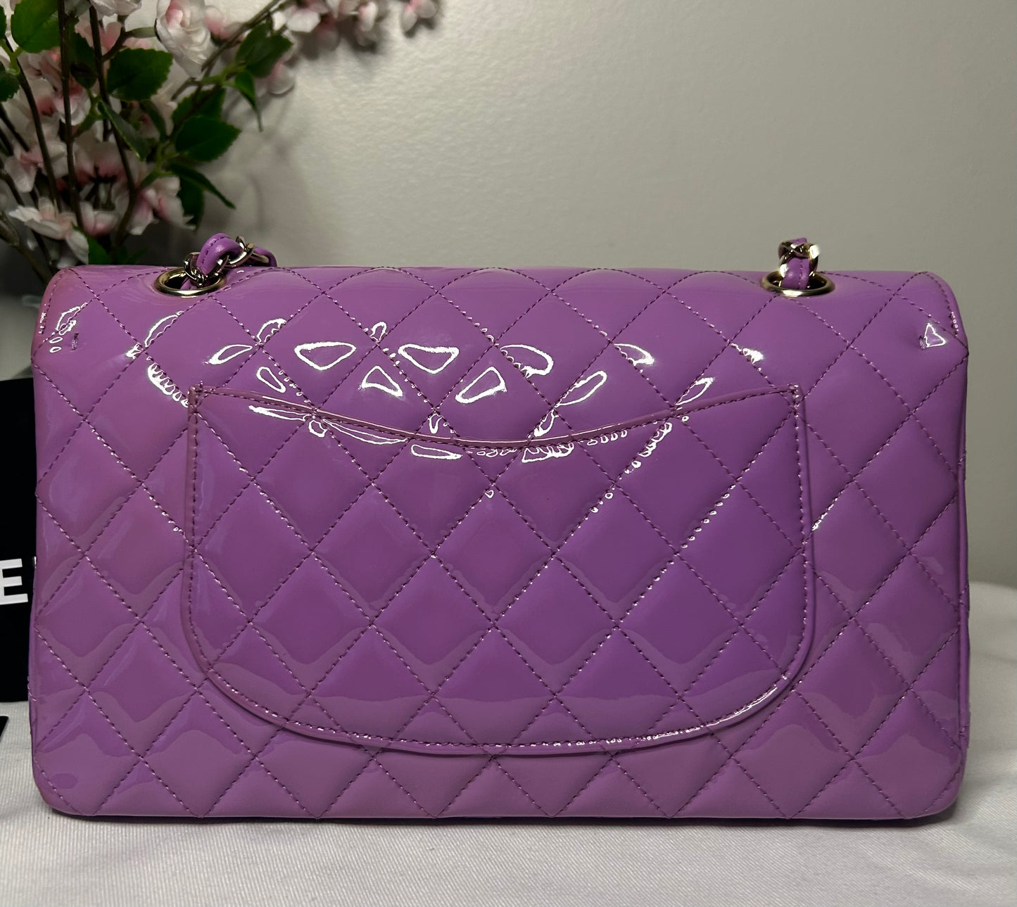 CHANEL Medium Classic Double Flap Quilted Patent Leather Handbag Lilac / Gold
