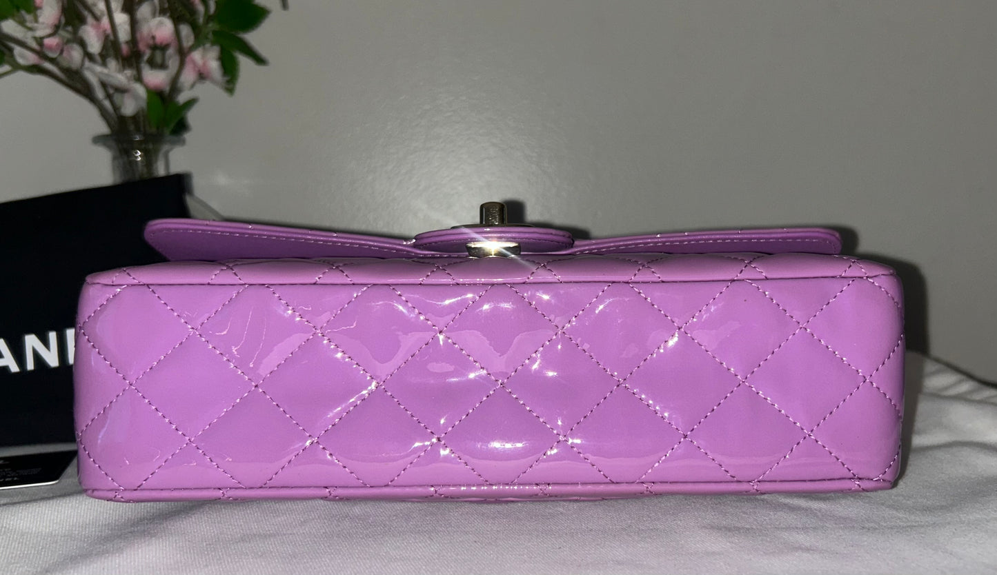 CHANEL Medium Classic Double Flap Quilted Patent Leather Handbag Lilac / Gold