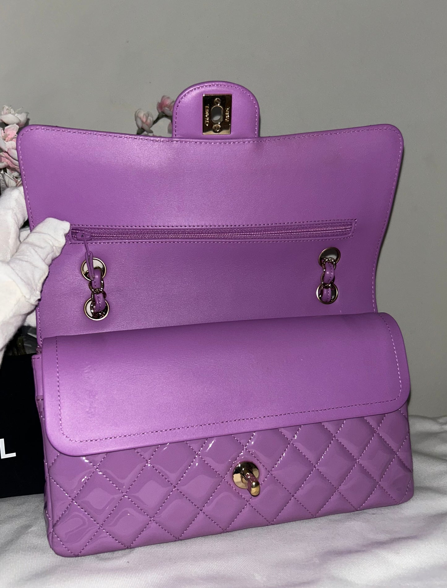 CHANEL Medium Classic Double Flap Quilted Patent Leather Handbag Lilac / Gold