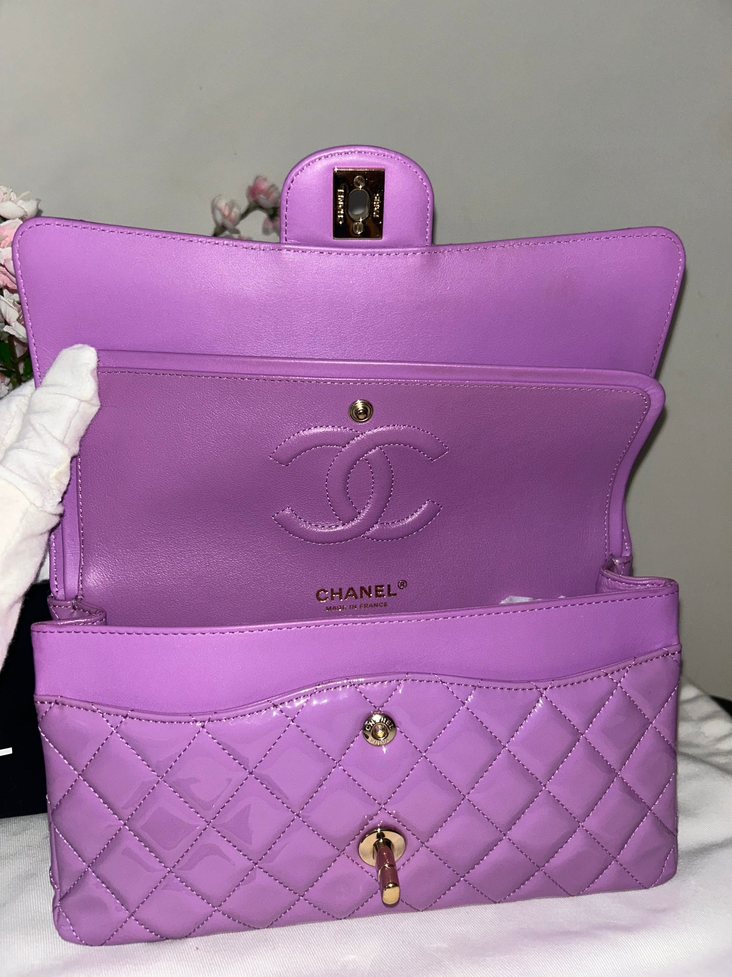 CHANEL Medium Classic Double Flap Quilted Patent Leather Handbag Lilac / Gold